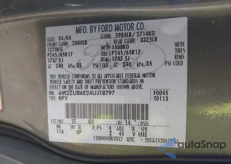 2004 Mercury Mountaineer from USA, damaged, VIN 4M2ZU86E24UJ18797